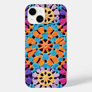 Coque Pour iPhone 14 Crochet bleu orange jaune coloré Granny Carré