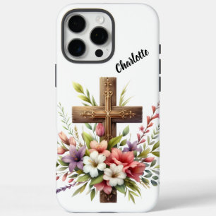 Coques iPhone 16 Pro Max Croix chrétienne entourée par le magnifique art fl