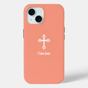 Coque Pour iPhone 15 Croix chrétienne I Love Jésus Saumon Orange
