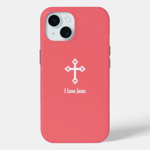 Coque Pour iPhone 15 Croix chrétienne J'aime Jésus Rouge rose