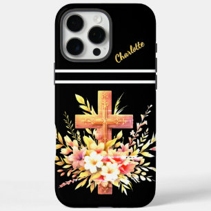 Coques iPhone 16 Pro Max Croix chrétienne ornée de fleurs de printemps vibr