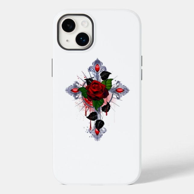 Coques Case-Mate iPhone Croix d'argent avec une rose rouge (Verso)
