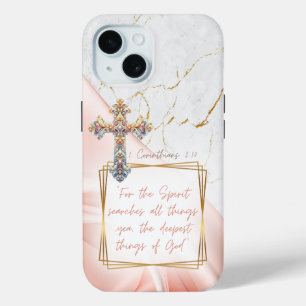 Coque Pour iPhone 15 Croix de marbre doré en satin rose Écriture de lux
