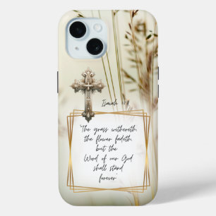Coque Pour iPhone 15 Croix ornée de champ d'herbe chrétienne inspirante