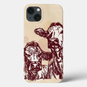 Etui iPhone 13 Croquis d'aspiration de main de deux vaches et cru