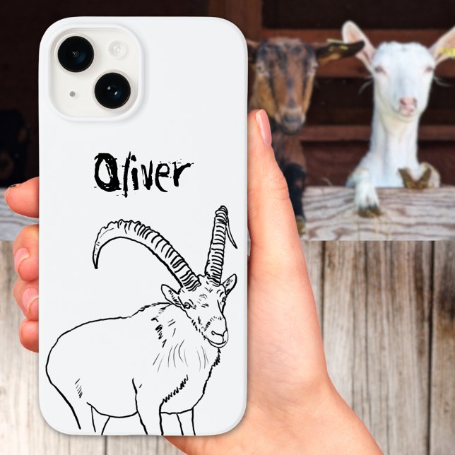 Coques Case-Mate iPhone Croquis de chèvre simple Nom noir et blanc (Funny goat illustration black and white quirky farm animal with custom name phone case)