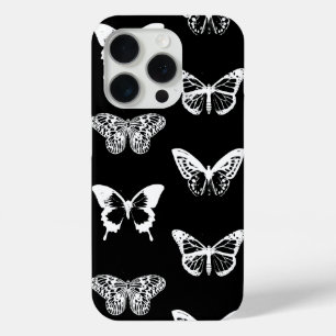 Coque iPhone 15 Pro Croquis de papillon, blanc et noir