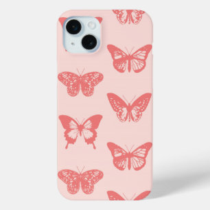 Coque iPhone 15 Mini Croquis de papillon, rose corail