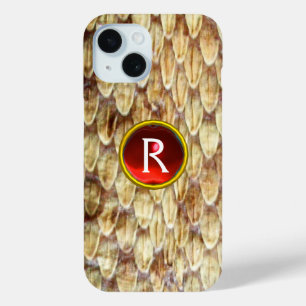 Coque Pour iPhone 15 CROTALUS Peau de serpent rouge Gem Monogramme