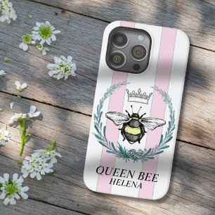 Coque Pour Pour iPhone 14 Pro Max Crown Bee Rayures roses et blanches Personnalisé