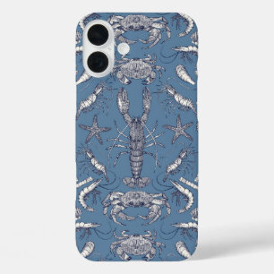 Coques iPhone 16 Plus crustacés de cornwall bleu damask ultra marine