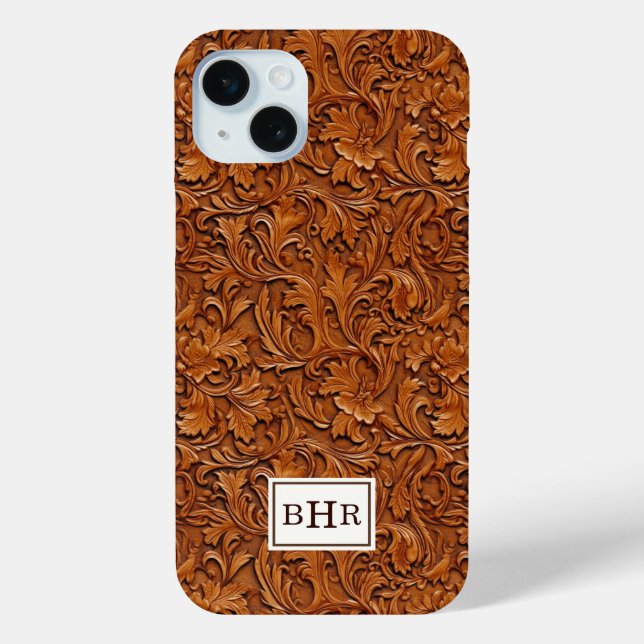 Coques Case-Mate iPhone Cuir Brun Outilé Monogrammé (Verso)