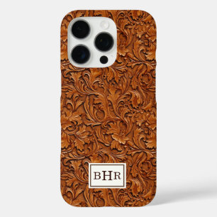 Coques iPhone 16 Pro Cuir Brun Outilé Monogrammé