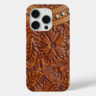 Coque iPhone 15 Pro cuir clouté par motif vintage de pays occidental