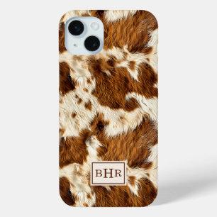 Coque iPhone 15 Mini Cuir de vache marron tacheté monogrammé