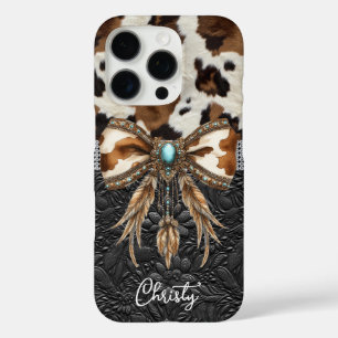 Coques iPhone 16 Pro Cuir de vache noir Bijou Nœud