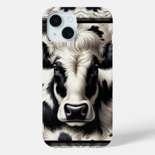 Coque Pour iPhone 15 Cuir de vache noir et blanc Aspect fourrure peluch