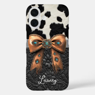 Coque Pour iPhone 16 Cuir de vache noir et blanc orné d'un nœud