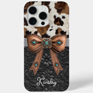 Coque iPhone 15 Pro Max Cuir de vache noir orné d'un nœud