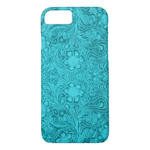 Coque iPhone 8/7 Cuir en daim turquoise look Floral Design