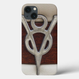 iPhone 13 Case Cuir et bois d'emblème de chrome de V8
