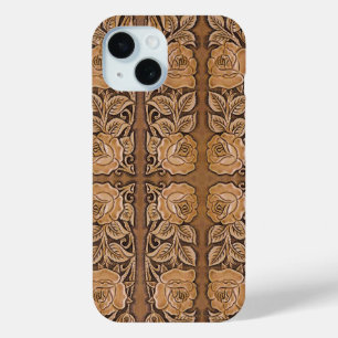 Coque Pour iPhone 15 cuir floral de pays occidental de mode de cow-girl