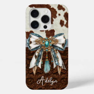 Coque iPhone 15 Pro Cuir Marron Cuir de Vache Orné d'un Nœud