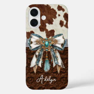 Coque Pour iPhone 16 Cuir Marron Cuir de Vache Orné d'un Nœud
