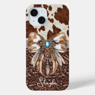 Coque Pour iPhone 15 Cuir Marron Cuir de Vachette Bijou Arc Monogrammé