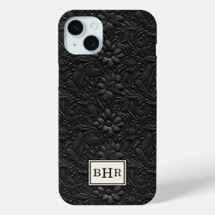 Coque iPhone 15 Mini Cuir Monogrammé Noir Outilé Vintage