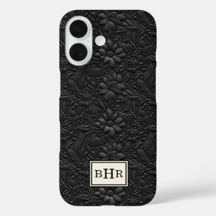 Coque Pour iPhone 16 Cuir Noir Outilé Monogrammé Vintage