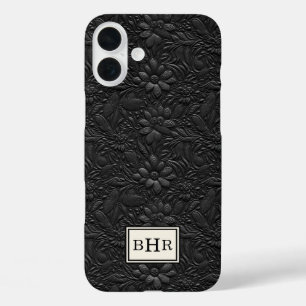 Coques iPhone 16 Plus Cuir noir vintage monogrammé travaillé