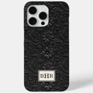 Coque iPhone 15 Pro Max Cuir Outilé Noir Vintage Monogrammé