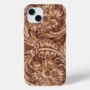 Coque iPhone 15 Mini cuir usiné par motif de pays occidental de cowboy