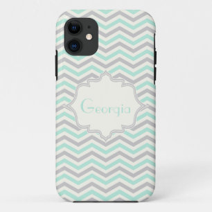 Coque iPhone 11 Cuisine moderne menthe, gris, chevron d'ivoire, mo