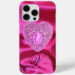 COQUE iPhone 15 PRO MAX CUPID LACE COEUR SOIE ROSE FUCHSIA CLOS MONOGRAMME