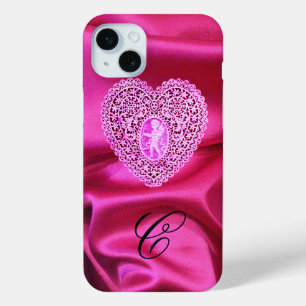 COQUE iPhone 15 MINI CUPID LACE COEUR SOIE ROSE FUCHSIA TISSU MONOGRAMM