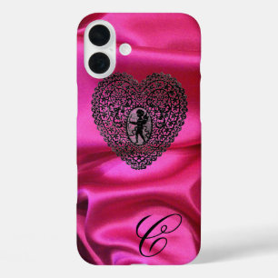 iPhone 16 PLUS CASE CUPIDON DENTELLE COEUR SOIE NOIR FUCHSIA TISSU MON
