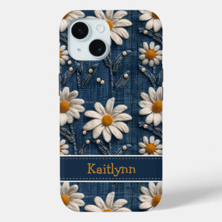 Coque Pour iPhone 15 Custom Name Floral Embroidered Phone Case