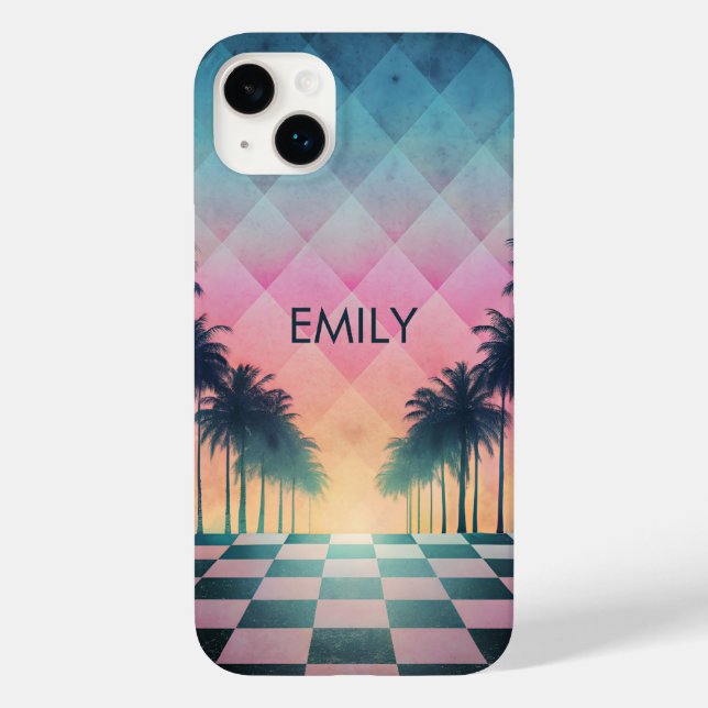 Coques Case-Mate iPhone Custom Name Retro Synthwave Sunset Palm Trees (Verso)