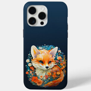 Coque iPhone 15 Pro Max Cute Baby Fox avec des fleurs Papier Coupe