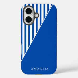 Coque Pour iPhone 16 Cute Blue Striped Personalized Name
