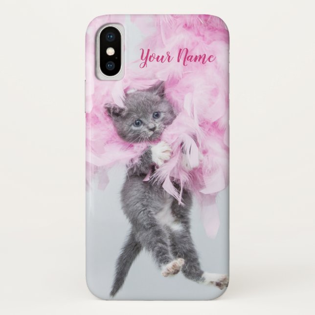 Coques Case-Mate iPhone Cute Cat rose plume (Dos)
