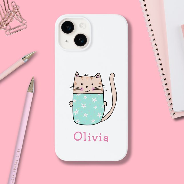 Coques Case-Mate iPhone Cute Chat Prénom personnalisé (Cute illustrated cat iPhone case cover with personalized name)