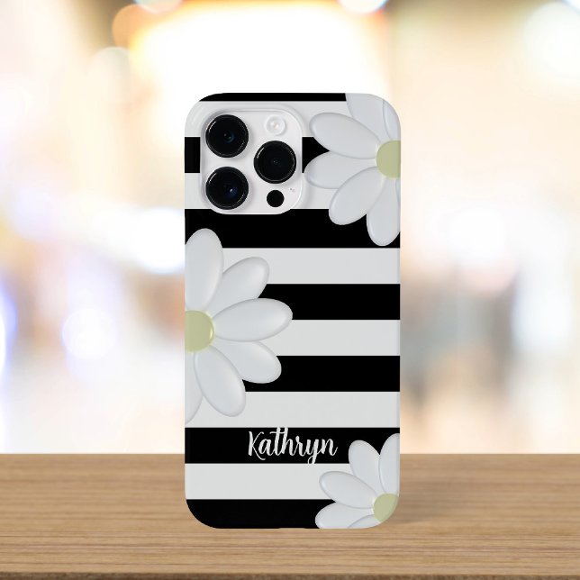Coques Case-Mate iPhone Cute Daisy Floral Grandes Noires et Blanches (A cute black and white striped daisy phone case with space for your name)