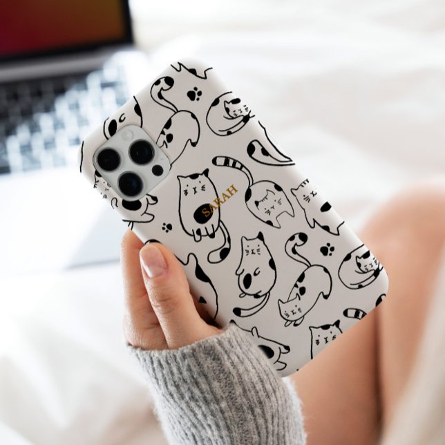 Coques Case-Mate iPhone Cute drôle Chat Dessin noir blanc Motif (A cute art nail wrap design with black and white cat illustration pattern on custom phone case)