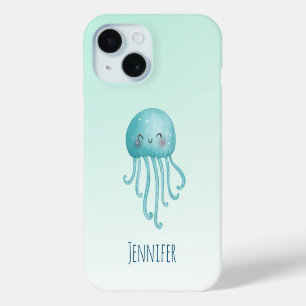 Coque Pour iPhone 15 Cute et amusante méduse bleu-vert