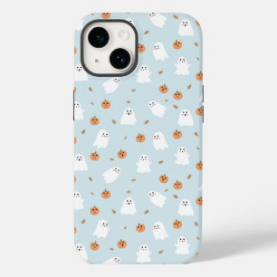 Coque Pour iPhone 14 Cute Fantôme et Citrouille Motif d'Halloween bleu