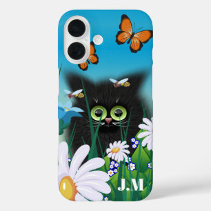 Coque Pour iPhone 16 Cute Fluffy Kitten dans le Monogramme de prairie p