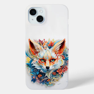 Coque iPhone 15 Mini Cute Fox avec fleurs Papier Coupe